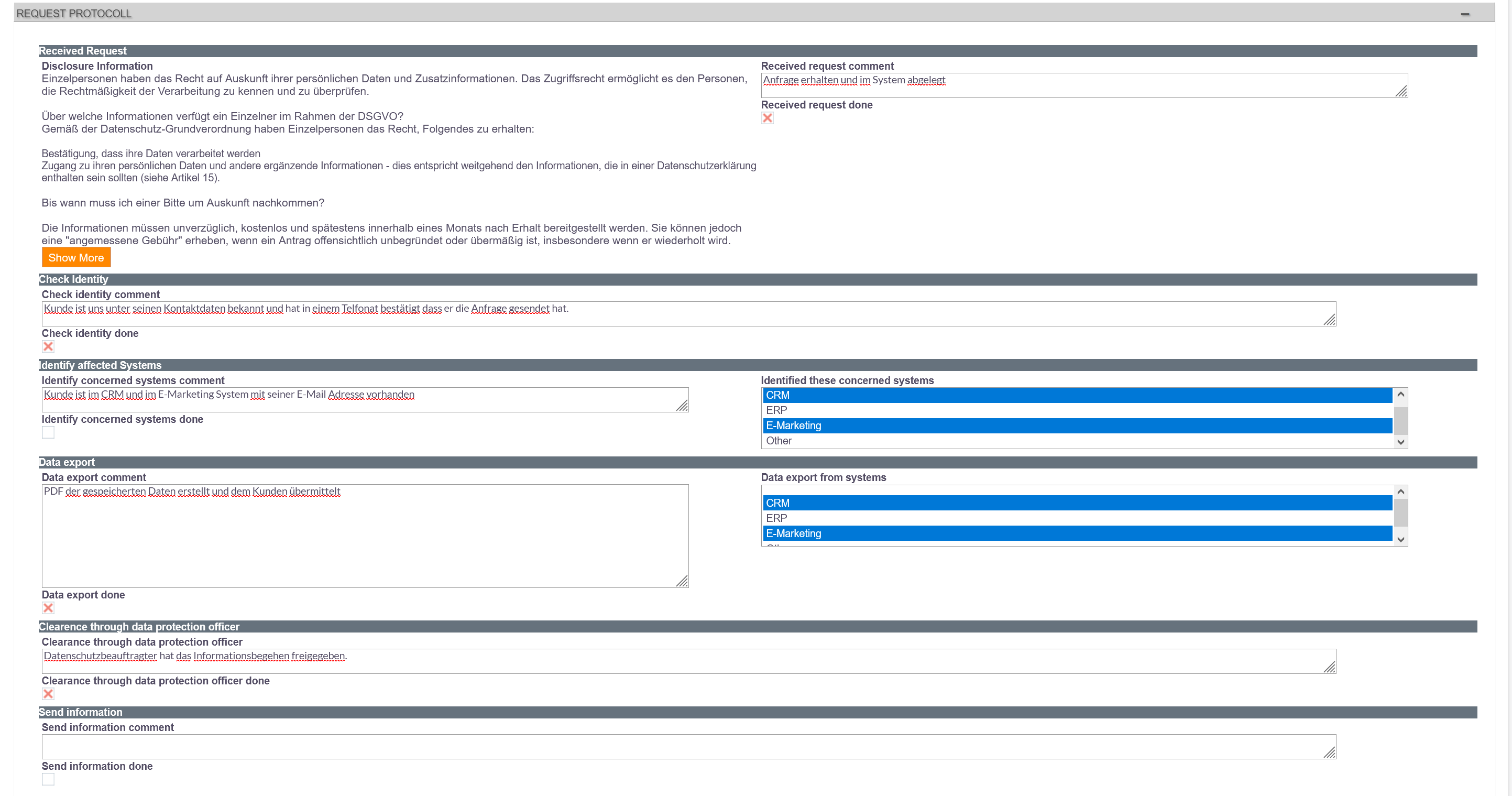 Screenshot von Arbeitsprotokoll/Checkliste im Anfrage Datensatz