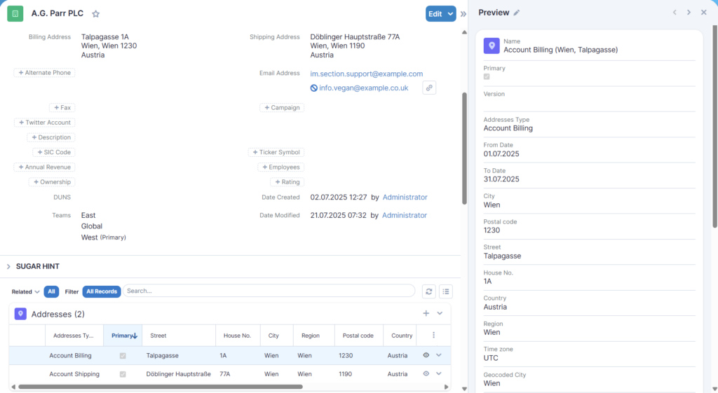 Address Enhancement für SugarCRM